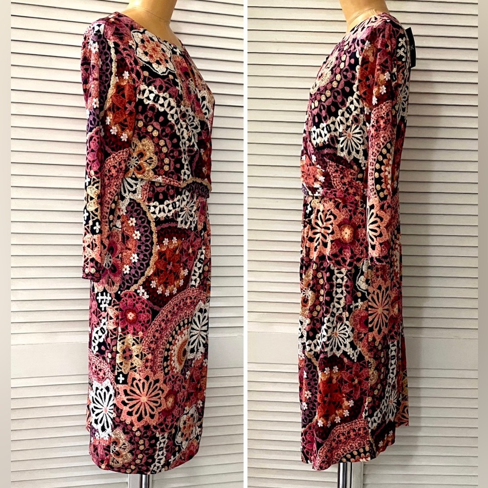 🆕 MSK Dress Women’s Medium Peach Berry Black Floral Faux Wrap NWT NEW - Picture 6 of 13